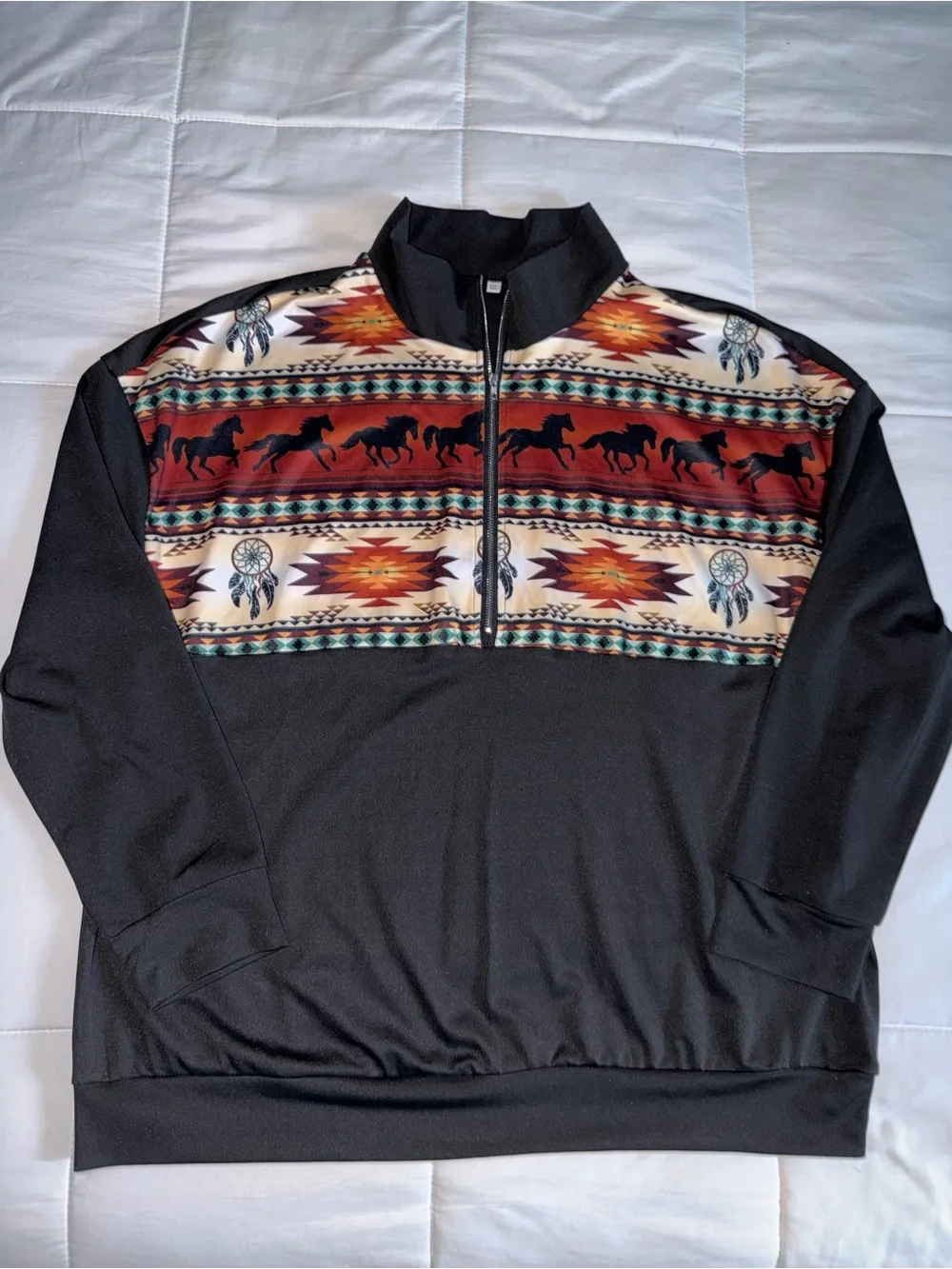 Women Western Pattern Black Quarter-Zip Pullover - 1X